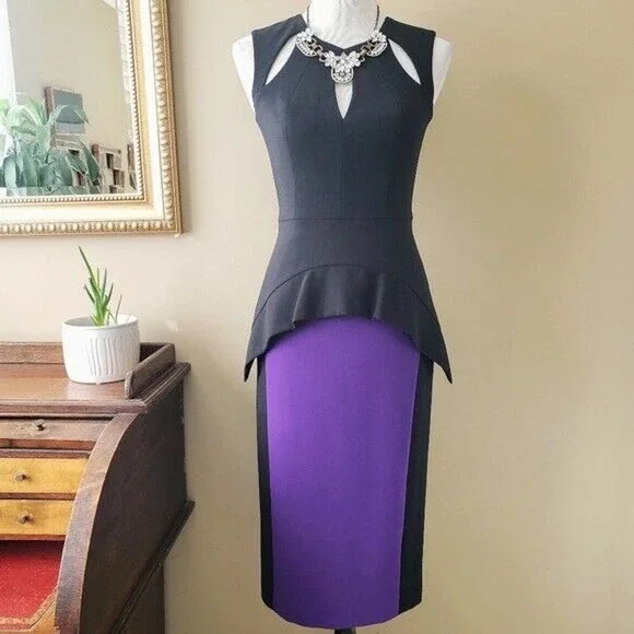 purple and black colorblock dress AOMEI Black Purple Color Block Ruffle Hem Bodycon Dress Plus Size Wedding Guest Party Semi Formal Slim Fit Knitted Collared Regular Sleeve P,3XL